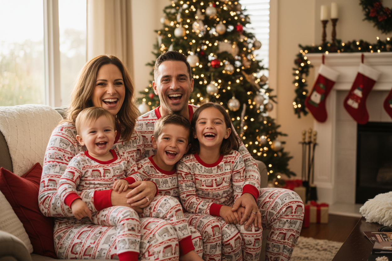 family, parent and them children wearing family pajamas